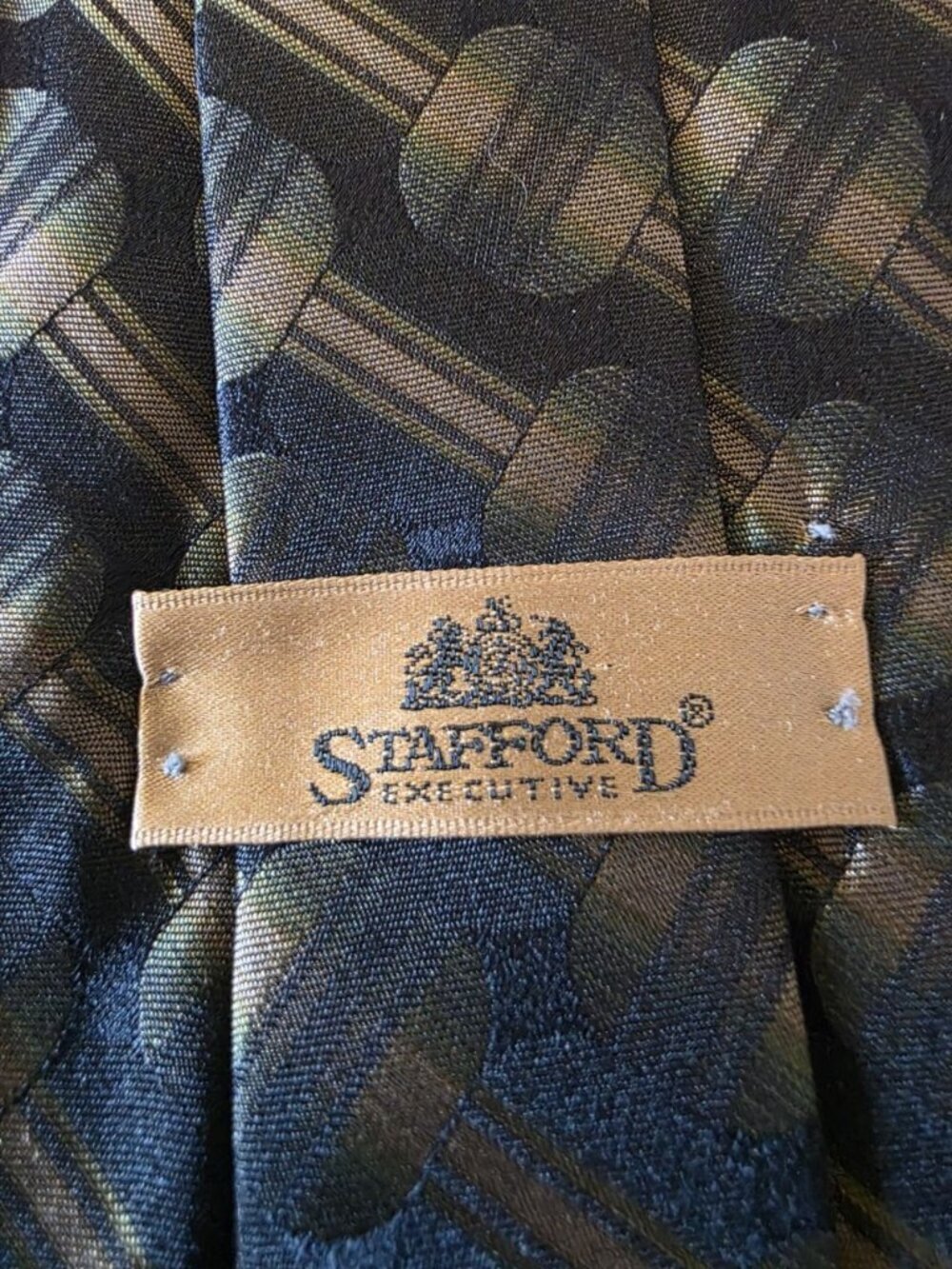 Stafford Executive Silk Tie Black Green Brown Geometric Satin Woven Classic USA - Picture 7 of 13